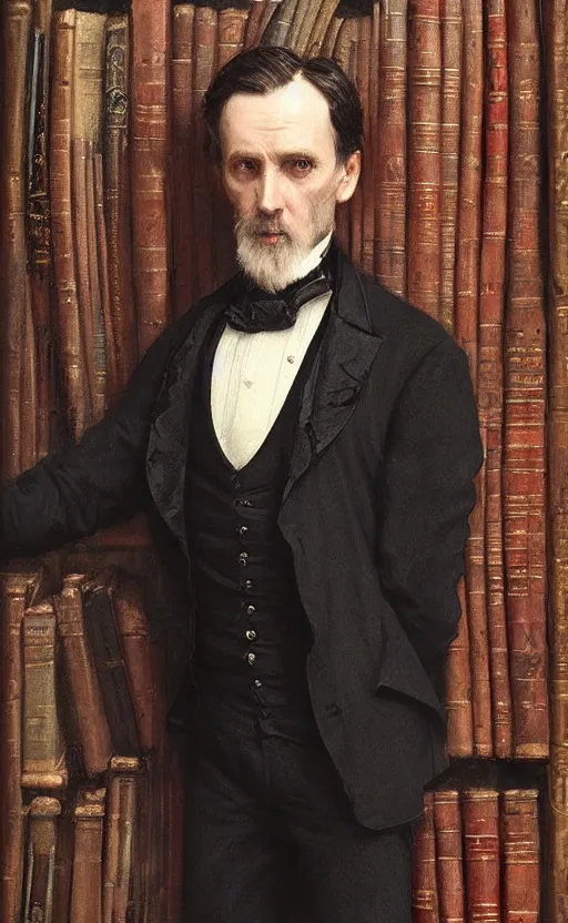 Prompt: portrait of a middle aged victorian gentleman wearing a dark suit, standing beside a bookcase, detailed face, 1 9 th century, highly detailed, cinematic lighting, digital art painting by greg rutkowski