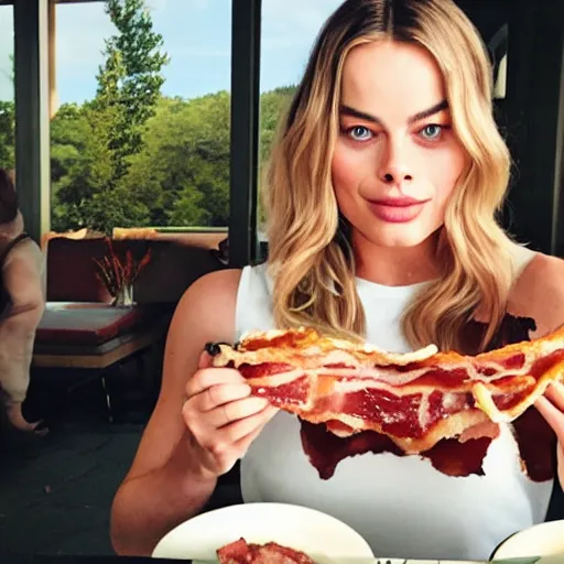 Prompt: margot robbie eating an excessive amount of bacon. realistic, panoramic view.