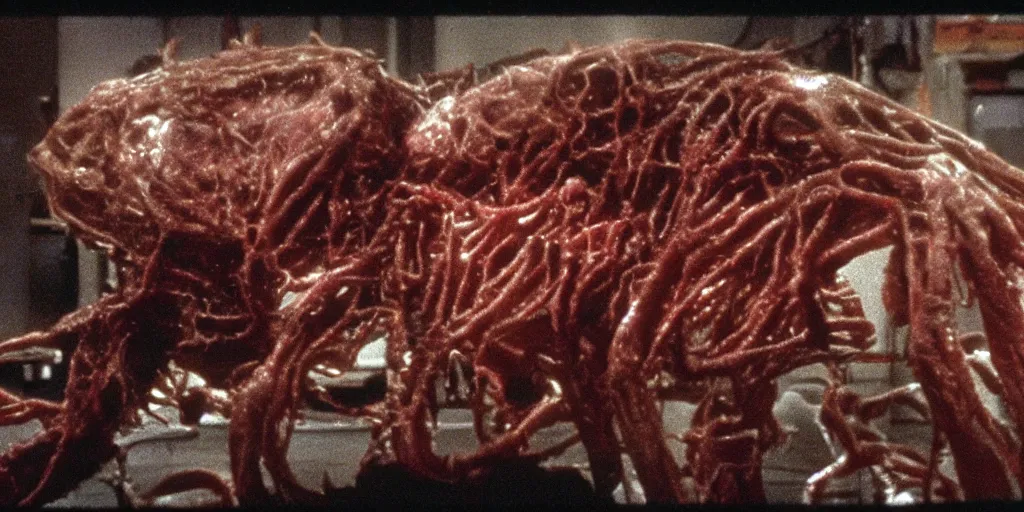 Image similar to filmic extreme wide shot dutch angle movie still 35mm film color photograph of a mutated shape shifting organism made of human internal organs, disgusting dissected human tissue with a variety of grotesquely strewn together human and animal limbs, in the style of a horror film The Thing 1982