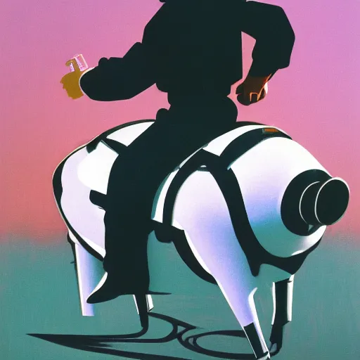 Image similar to retro futuristic boy wearing crown riding on the back of a pig by syd mead Board Painting, high contrast, sharp, 8k