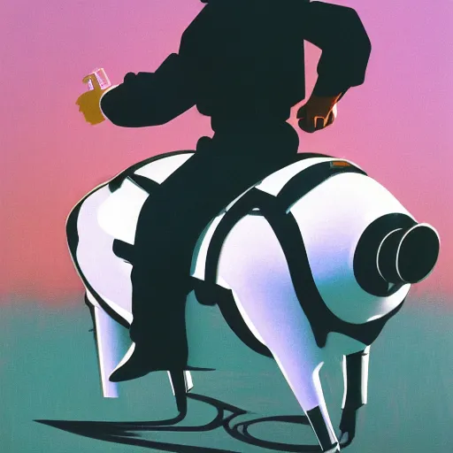 Prompt: retro futuristic boy wearing crown riding on the back of a pig by syd mead Board Painting, high contrast, sharp, 8k