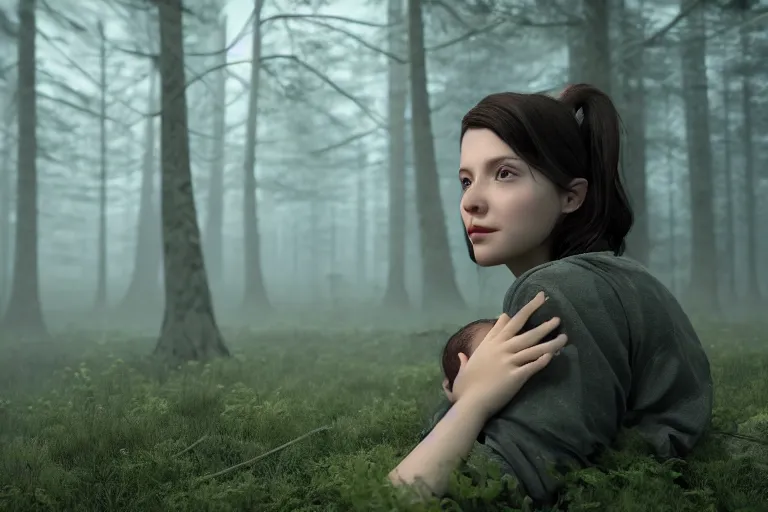 Image similar to a cinematic shot of a young woman with dark hair holds a baby in a dark, foggy forest, octane render, nvidia raytracing demo, closeup, masterpiece