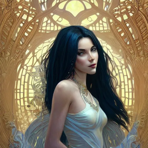 Image similar to a portrait of an attractive young female, beautiful long hear, clothed in golden feathers, intricate, elegant, highly detailed, digital painting, trending on artstation, concept art, smooth, sharp focus, illustration, art by artgerm and greg rutkowski and alphonse mucha