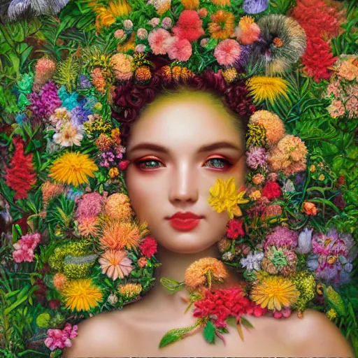 Image similar to a 3 d realistic image of a stunning fierce goddess of women surrounded by lush flowers looking at the mark ryden camera, impressionism, pop 3 d 8 k ultra detailed