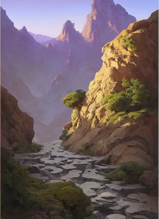 Prompt: a dry riverbed on a jagged mountain, extremely detailed oil painting, unreal 5 render, rhads, sargent and leyendecker, savrasov levitan polenov, bruce pennington, studio ghibli, tim hildebrandt, digital art, landscape painting, octane render, beautiful composition, trending on artstation, award winning photograph, masterpiece