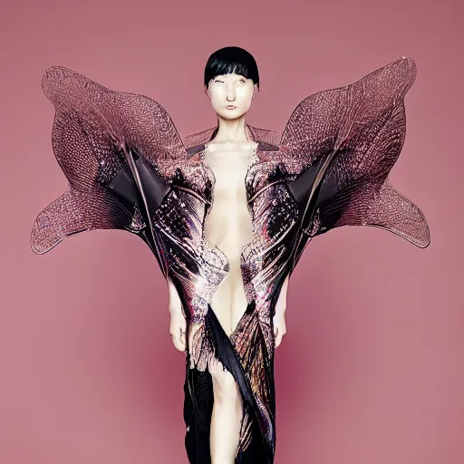 Prompt: a japanese model wearing a kimono designed by iris van herpen, photographed by andrew thomas huang