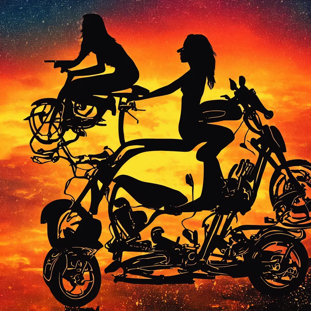 Prompt: woman silhouette on a motorcycle, stary sky, retrowave sunset, art station, movie poster