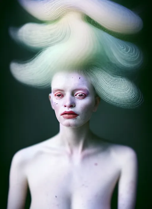 Image similar to cinestill 5 0 d photo portrait of a beautiful metamorphs with woman face, body in weird marble, white hair floating in air, in style of tim walker by roberto ferri, 1 5 0 mm lens, f 1. 2, ethereal, emotionally evoking, head in focus, bokeh volumetric lighting, tonal colors outdoor