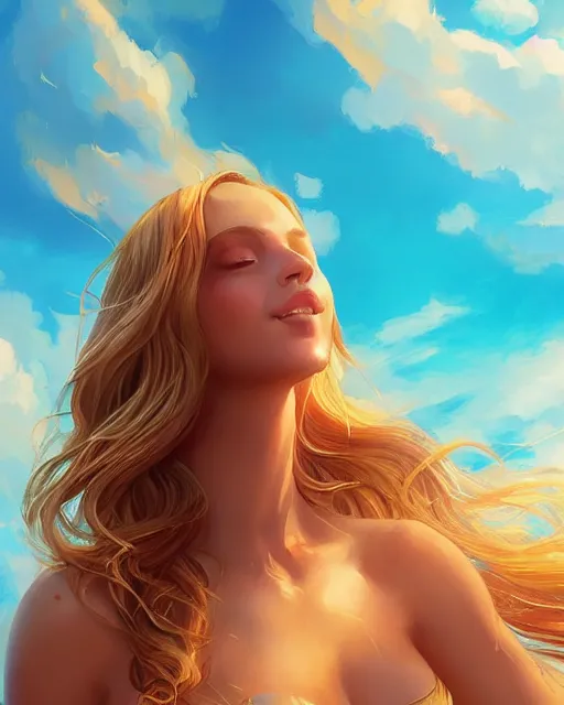 Image similar to summer vibes, beautiful sun tanned goddess, flowy golden hair, sun, summer, beach, cinematic lighting, highly detailed, digital painting, trending on artstation, pixiv, concept art, sharp focus, illustration, art by ross tran and wlop