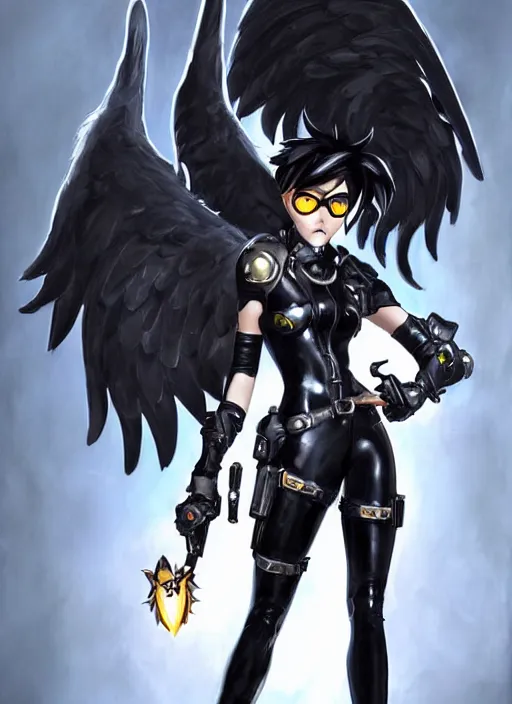 Image similar to full body artwork of tracer overwatch, wearing black latex outfit, in style of mark arian, angel wings, dramatic painting, wearing detailed leather collar, black shiny armor, chains, black harness, detailed face and eyes,