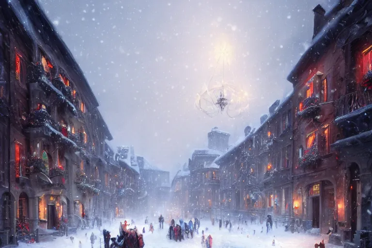 Prompt: a guillotine with christmas lights in the center of town, matte painting, concept art, digital art, trending on artstation, 4 k, extremely detailed, realistic, snowing, by greg rutkowski, cinematic, epic