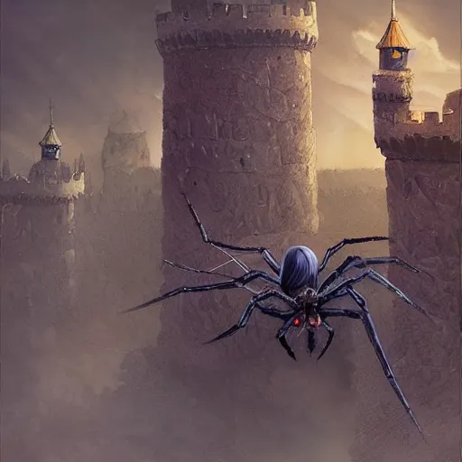 Prompt: giant spider on the castle, artstation, concept art, digital art