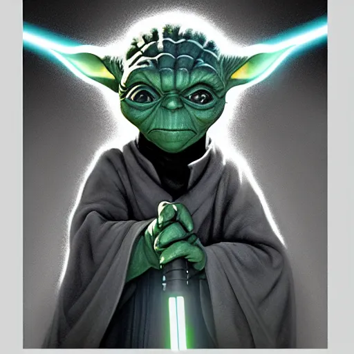 Image similar to inspired by ralph mcquarrie, yoda with a lightsaber, cinematic