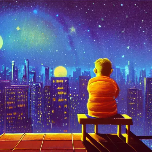 Image similar to a kid in a big city, sits on a rooftop, watches a beautiful night full of stars and tech buildings, detailed, by paul lehr