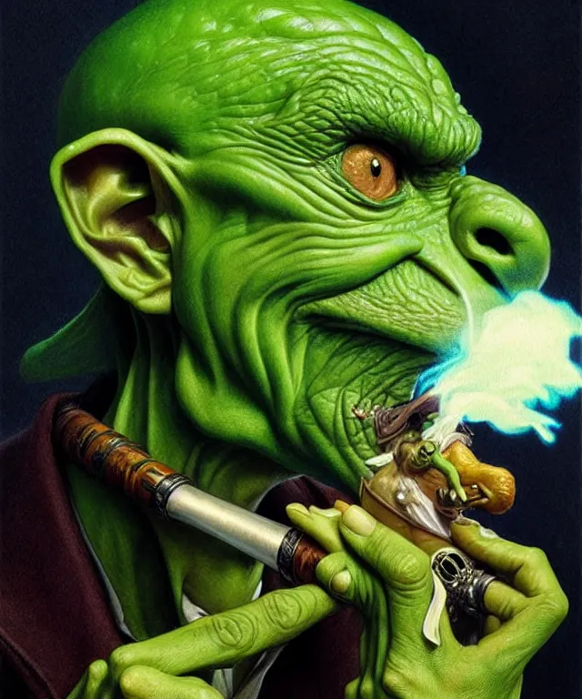 Image similar to a green-skinned goblin smoking a pipe, portrait, intricate, elegant, highly detailed, smooth, sharp focus, art by artgerm and greg rutkowski and alphonse mucha