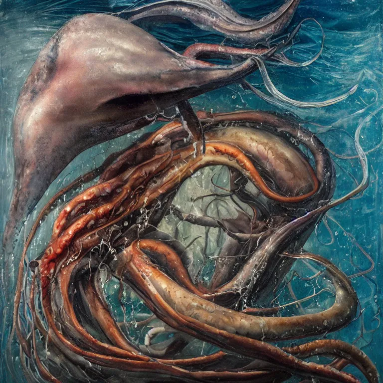 Prompt: Hyperrealistic intensely colored Studio wet collodion Photograph portrait of a deep sea Giant Squid battling Physeter Macrocephalus Whale deep underwater in darkness long exposure, award-winning nature deep sea expressionistic impasto heavy brushstrokes oil painting by Jenny Saville and Norman Rockwell and Audubon vivid colors hyperrealism 8k