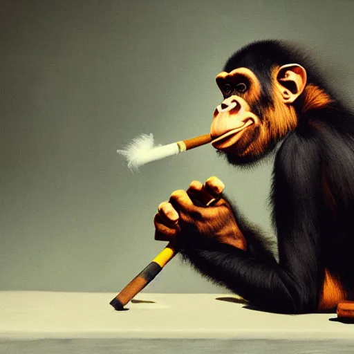 Image similar to a high detail photo of an antropomorphic chimp wearing a suit smoking a cigarrette, subject= chimp, subject detail: wearing a suit, subject action: smoking a cigarrette photorealism