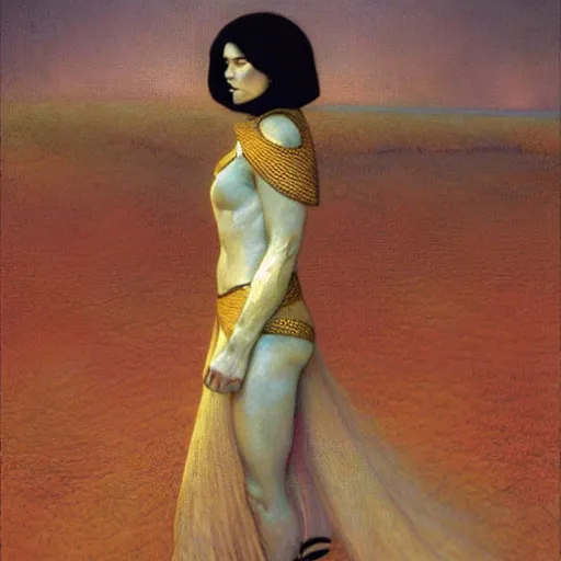 Prompt: masterpiece full body portrait of a beautiful female Fremen on Dune, by Edgar Maxence and Ross Tran and Michael Whelan and Gustav Klimpt