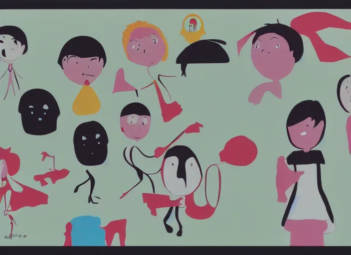 Image similar to character shape design exploration silhouettes of a family of ghosts, minimalist mixed media layout from masaaki yuasa ( 1 9 9 7 )