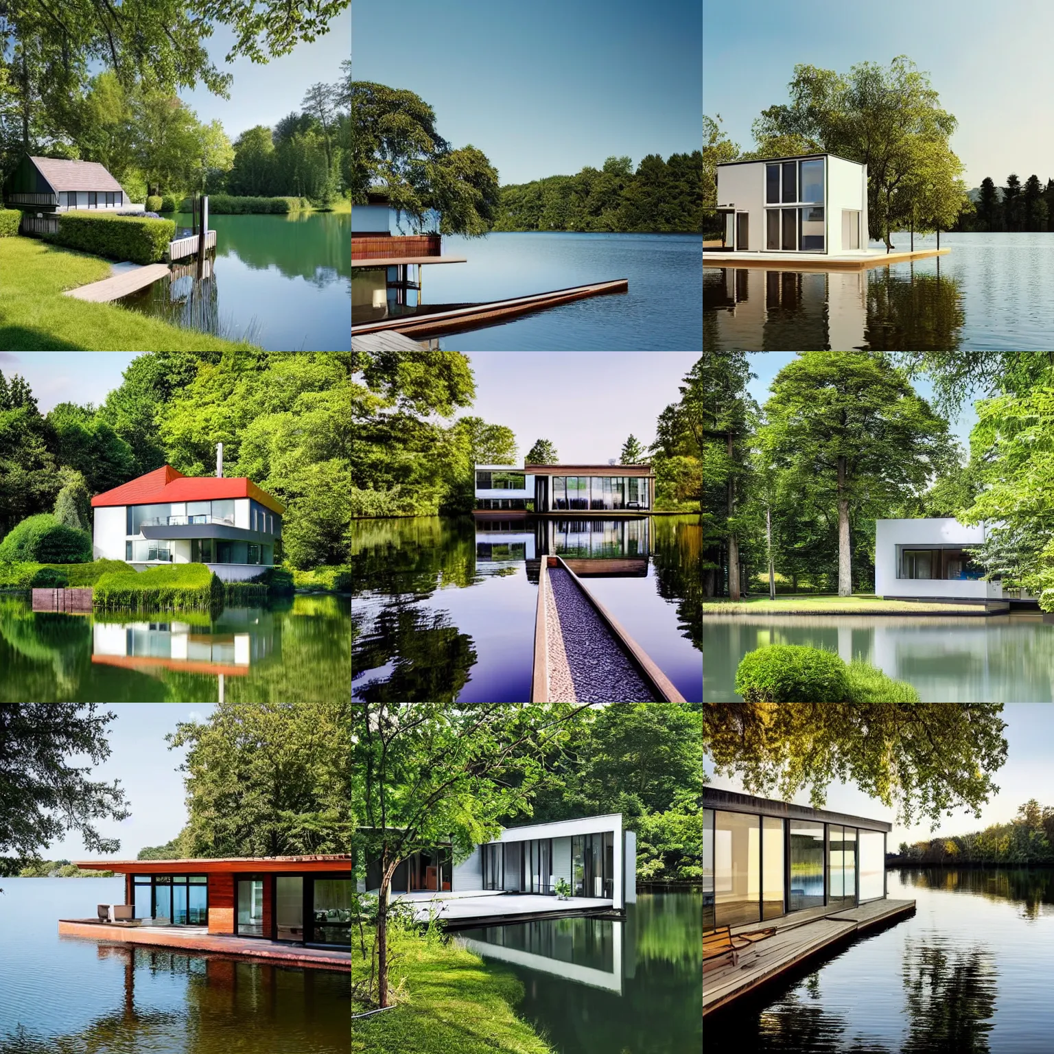 Prompt: architectural digest photo, bauhaus style house by a lake, summer, single floor, patio, trees bushes, secluded, calm serene relaxed, small dock, rowing boat, bushes, reflection in water, ultra realistic 8 k