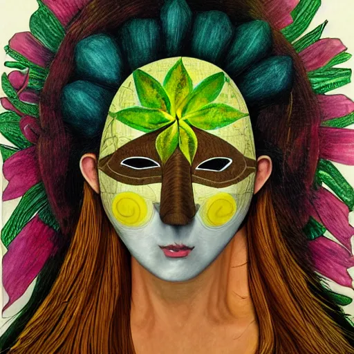 Image similar to Art in the style of Octavia Ocampo, Gaia, Mother Earth, side portrait, mask inside mask