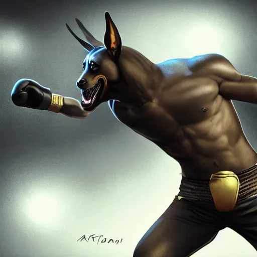 Prompt: anubis as a boxer ready to take on the world champ, boxing ring, strong spotlights, 4 k, trending on artstation, sharp focus, concept art, extremely detailed, intricate, sakimichan, artgerm, greg rutkowski