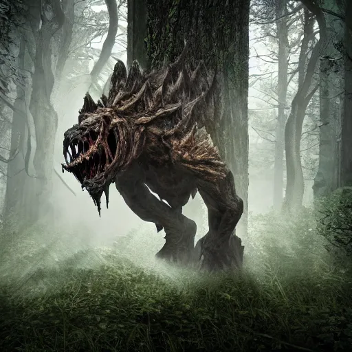 Image similar to photorealistic terrifying fantasy monster lurking in the woods, dynamic lighting, hyper realistic, 8K, realism