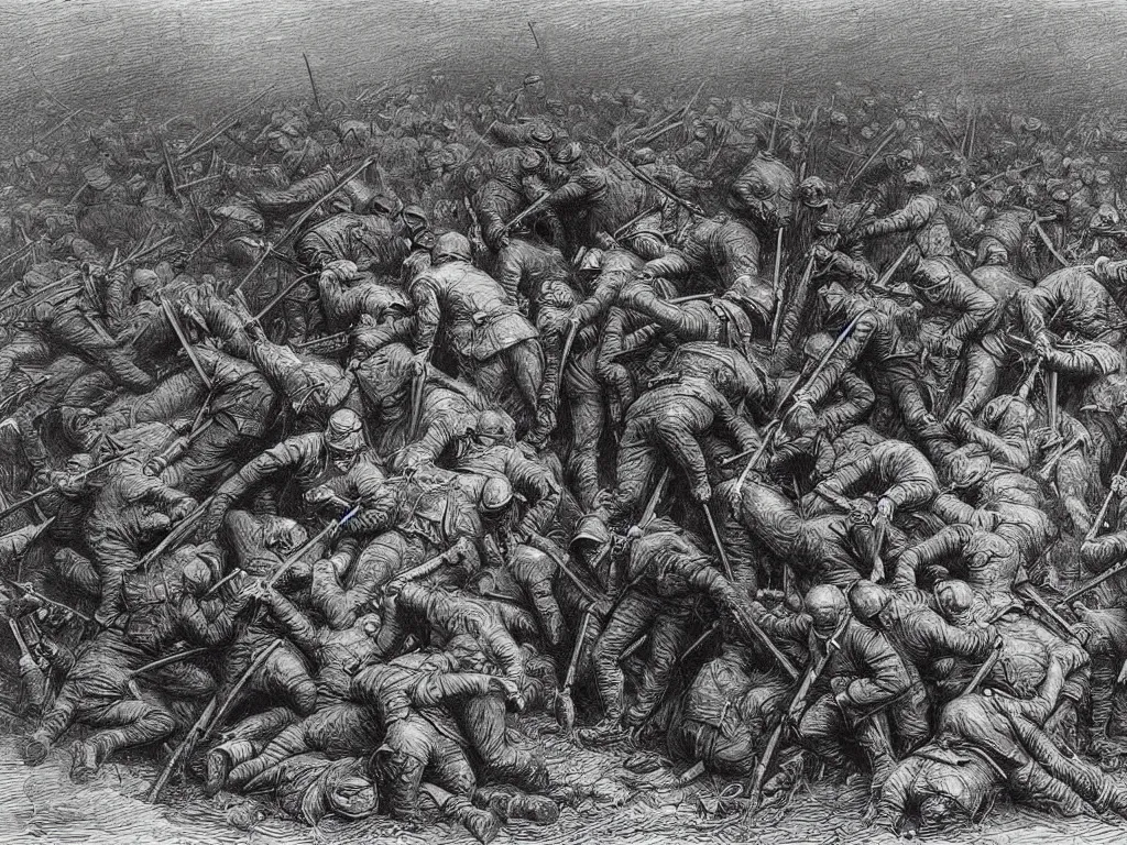 Prompt: drawing from the trenches of the first world war. Artwork by Gustave Dore