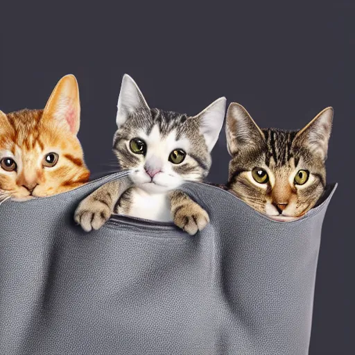 Image similar to a highly detailed photo of multiple furry cats, they are inside a big bag, gray background, studio lighting, 4 k, 8 k