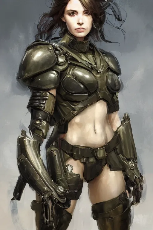 Image similar to a professionally painted portrait of an attractive young woman, clothed in military armor, olive skin, long dark hair, beautiful bone structure, symmetrical facial features, intricate, elegant, digital painting, trending on Artstation, concept art, smooth, sharp focus, illustration, from Metal Gear by Ruan Jia and Mandy Jurgens and Artgerm and William-Adolphe Bouguerea, award winning