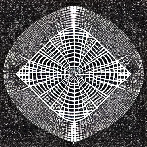 Image similar to a black and white drawing of a geometric lattice international space station made of chrome and filled with equipment, a microscopic photo by ernst haeckel, zbrush central, kinetic pointillism, intricate patterns, biolumiescence, photoillustration