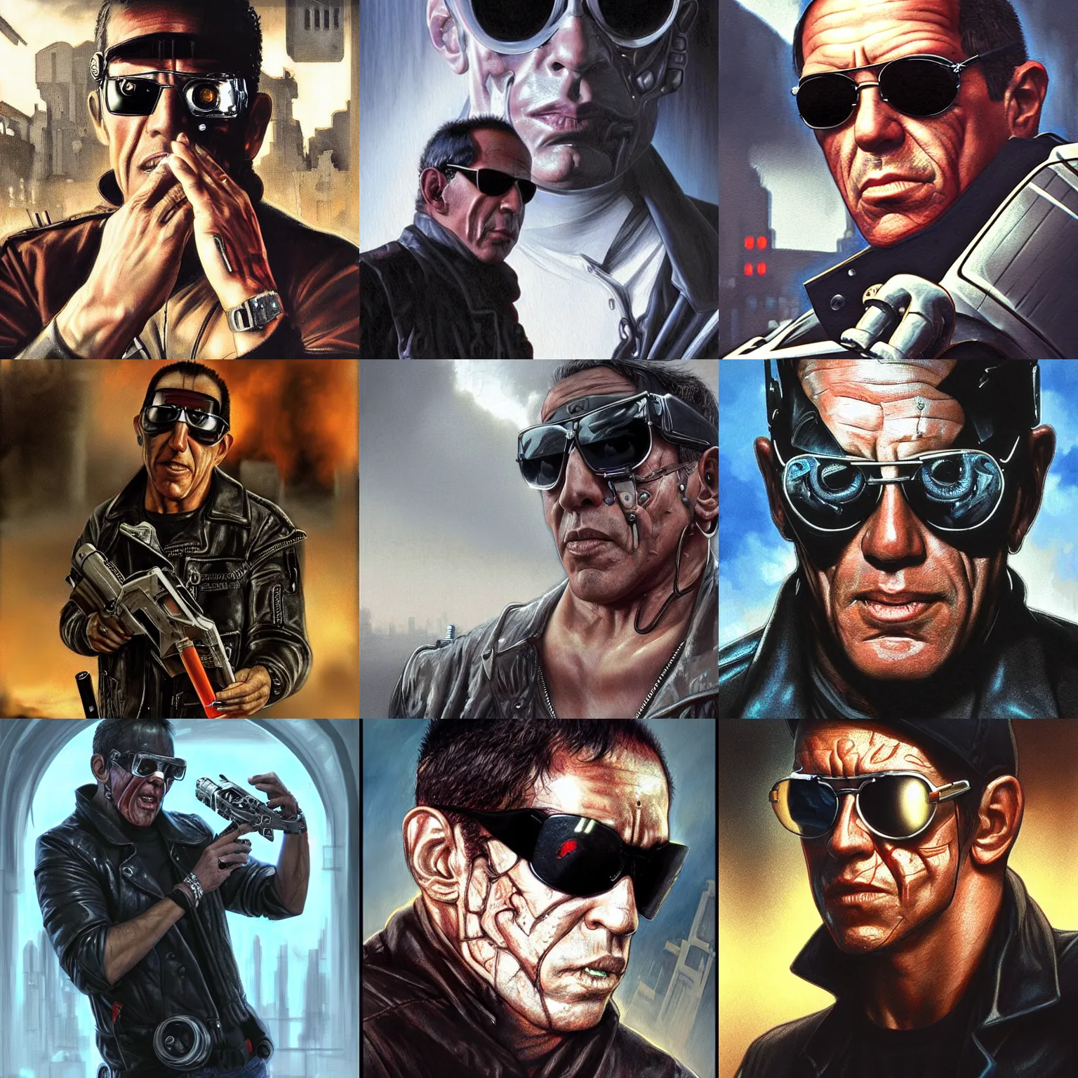 Prompt: adriano celentano as terminator, one eye is read, cigar, sunglasses, in the style of terminator movie, city landscape, d & d, fantasy, intricate, elegant, highly detailed, digital painting, artstation, concept art, matte, sharp focus, illustration, art by artgerm and greg rutkowski and alphonse mucha