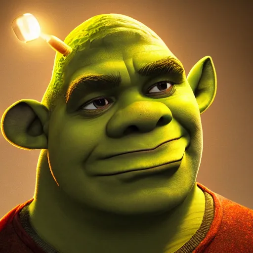 Image similar to portrait painting of shrek, candlelight, 8 k, ultra realistic, lens flare, atmosphere, glow, detailed, intricate, beautiful color, dungeons and dragons, gritty, cinematic lighting, trending on artstation, 4 k, hyperrealistic, focused, extreme details, unreal engine 5, cinematic, masterpiece