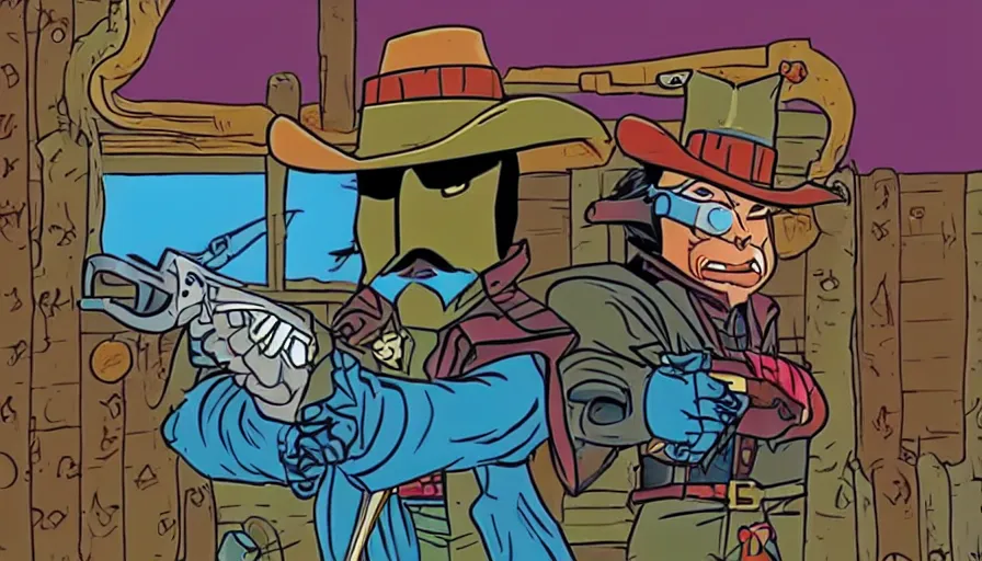 Image similar to saturday morning cartoon show about an wild west owl dressed up as a gunslinger vigilante with a eye mask, screenshot from 1990s animated show