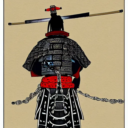 Prompt: A FULL BODY PORTRAIT FROM BEHIND OF A SAMURAI ,THE MAN kEEPS A KUSARIGAMA AND IT IS WRAPPED IN CHAINS ,detailed, concept art, ink style , sketch