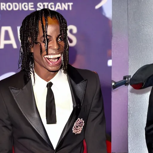 Prompt: Michael Jackson laughs at angry Travis scott