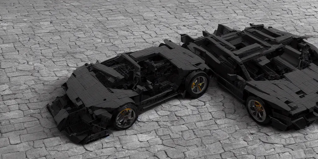 Prompt: black lego lamborghini in an abandoned city. brutalist architecture. soft light. cinematic. intricate. low angle close shot. highly detailed. matte painting in the style ash thorp. octane render. 8 k. trending on artstation