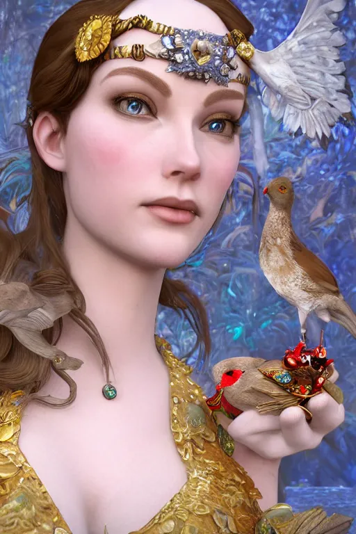 Image similar to face closeup, 3 d render of english princess holding birds, ornaments, jewels, diamonds, mucha vibe, dieselpunk, solarpunk, artstation