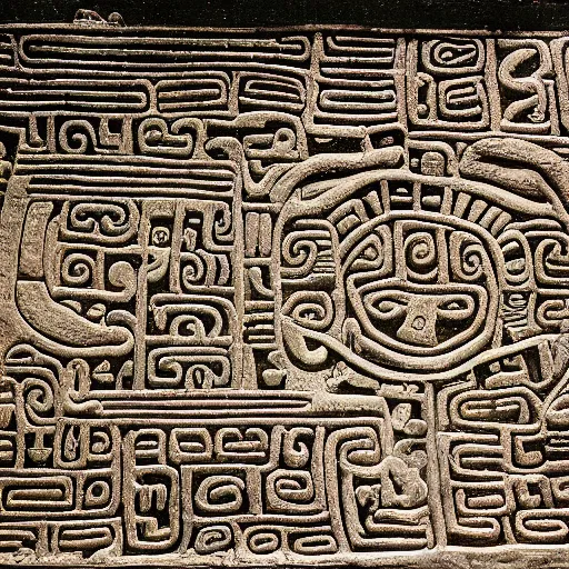 Image similar to a high detailed picture of mayan hieroglyphics showing ufos 4k