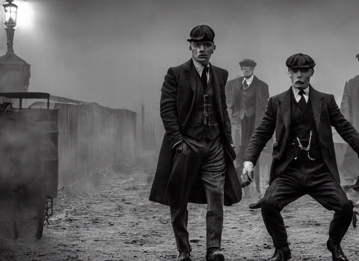 Image similar to an action scene from peaky blinders, medium long shot, cillian murphy and tom hardy, sharp eyes, serious expressions, detailed and symmetric faces, black and white, cinematic, epic,