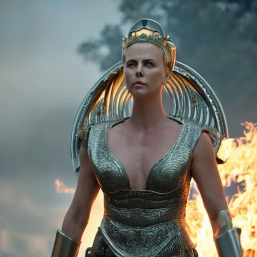 Prompt: charlize theron as the greek goddess athena, in battle, scene from live action movie