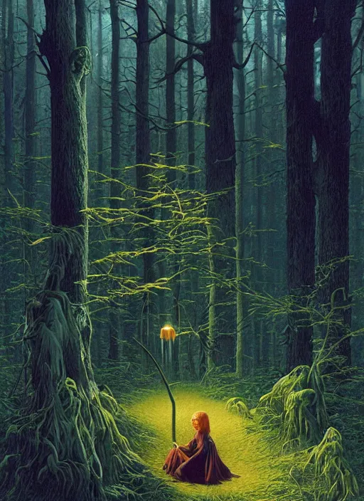 Image similar to hyper realistic witch modem with mood lighting and tech in the woods gorgeous lighting, blue sky, highly detailed, lush forest foliage painting by zdzisław beksinski and norman rockwell and greg rutkowskiweta studio, and lucasfilm