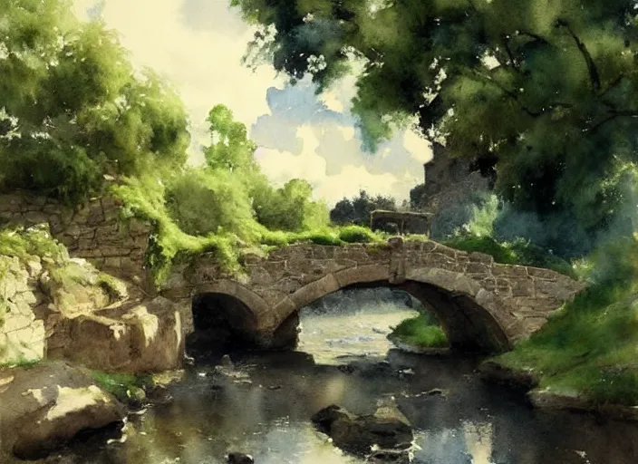 Image similar to watercolor of rustic stone bridge with mural, ivy, summer daylight, bright clear day, clouds, high detailed art by dennis miller bunker, work by anders zorn, wonderful masterpiece by greg rutkowski, beautiful cinematic light, american romanticism by greg manchess, creation by tyler edlin