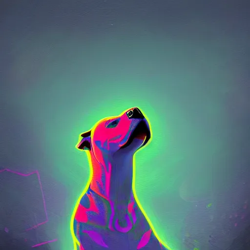 Image similar to psychedelic pit bull magic, at gentle dawn neon light, highly detailed, artistic composition, sharp focus, intricate concept art, digital painting, colorful flat surreal design, hd, 8 k, artstation, ambient lighting