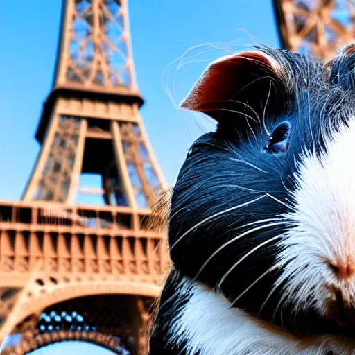 Image similar to a guinea pig taking a selfie in front of the eiffel tower, photorealistic