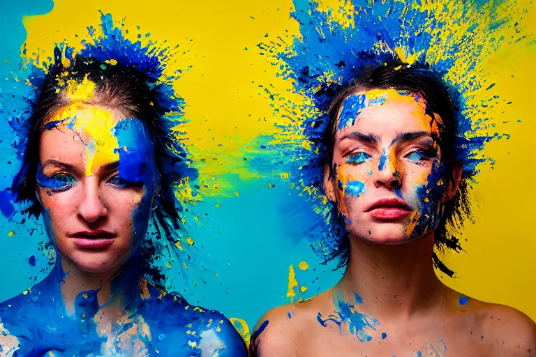 Prompt: a highly detailed cinematic headshot portrait photograph of a beautiful couple with a liquid paint headdress, with blue and yellow paint splash, liquid, ultra realistic, beautiful rim lighting, by richard avedon and annie leibovitz and arnold newman, photorealistic, hyperrealistic, octane, hasselblad camera, zeiss lens, sharp focus, paint splash