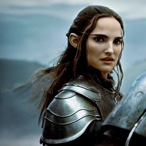 Image similar to a still from “ lord of the rings ” of a head and shoulders portrait of natalie portman ’ s sister as a heavily armored paladin with a flaming sword, photo by phil noto