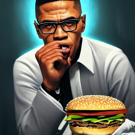 Prompt: portrait of Malcolm X eating big mac hamburgers, extra onions and ketchup, hyperdetails, displacement mapped octane render, luscious patty with sesame seeds, ethereal, handsome, D&D, fantasy, intricate, elegant, highly detailed, digital painting, artstation, concept art, matte, sharp focus, illustration, art by Artgerm and Greg Rutkowski and Alphonse Mucha