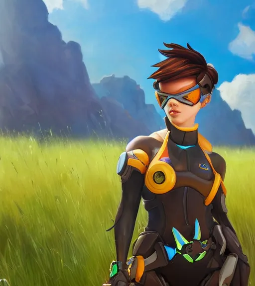 Prompt: oil painting of tracer from the game overwatch, standing in grassy field, smiling while the sun shines down, feminine face, light rays, radiant quality, 4 k, brush strokes, anatomically accurate face, beautiful eyes, peaceful atmosphere, artstation,