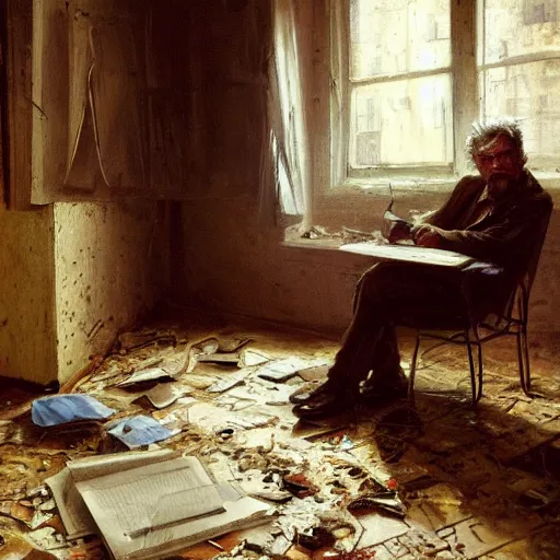 Prompt: a disheveled old disbarred lawyer boarded up in his messy rundown house, isolated alone on a typewriter feverishly typing out paranoid rants in the 1 9 8 0 s, detailed artstation marc simonetti ilya nazarov oil on canvas shimmer